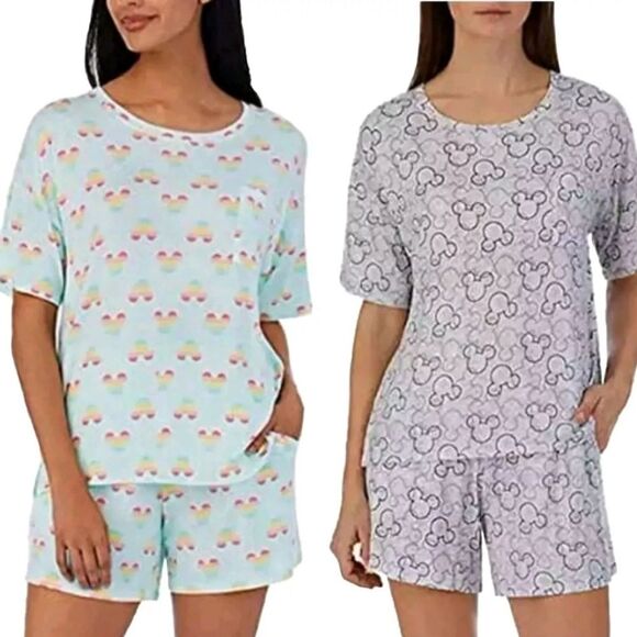 Disney Women's Mickey Mouse Shorts Pajama Set w/ Pockets Size M Aqua, NWT - Picture 2 of 2